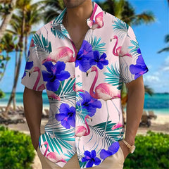 Summer Animal Crane Men's Hawaiian Shirt – 3D Plant & Flower Print Beach Shirt, Plus Size up to 5XL