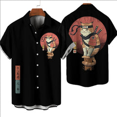 Men’s Samurai Cat Anime Hawaiian Shirt – Casual Short Sleeve Loose Fit Summer Top | Cool Graphic Streetwear Blouse