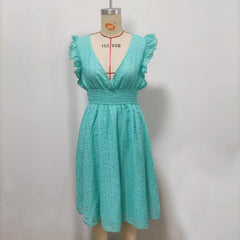 Multi-Colored Summer Dress for Women – Fashionable Casual Commuting Dress with Lotus Leaf Sleeves & Elegant Temperament