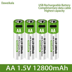 12800mAh 1.5V AA USB Rechargeable Lithium Battery – Type-C Charging | For Remote, Mouse, Toys