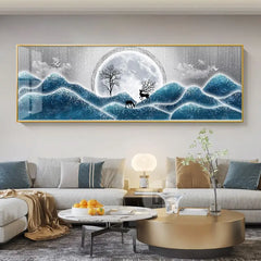 Chinese Style Golden Leaves & Deer Canvas Painting – Feng Shui Mountain Wall Art for Living Room (Unframed)