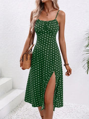 Women's Polka Dot Spaghetti Strap Summer Dress – Sleeveless Slit Midi Dress | Boho Casual Beachwear