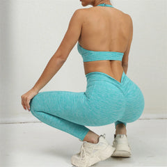 1/2PCS V-Back Halter Sports Bra & Scrunch Legging Set – Squat Proof, Pocket, Lycra Workout Yoga Gym Fitness Suit