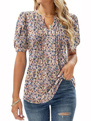 Women's V-Neck Tunic Top – Puff Pleated Short Sleeve Summer Blouse | Casual & Workwear Fashion Shirt