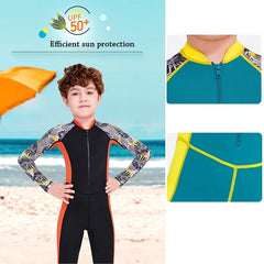 One-Piece Boys’ Long Sleeve Swimsuit – Kids’ Sun Protection Swimwear with Matching Swimming Cap