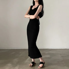 CIBBAR Basic Knit Long Dress – Korean Fashion Square Collar Sleeveless Women’s Casual Summer Y2K Vintage Outfit