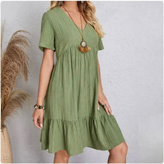 Women’s Summer Peplum Dress – Spring V-Neck Short Sleeve Loose Waist Ruffle Fit & Flare Vacation Dress