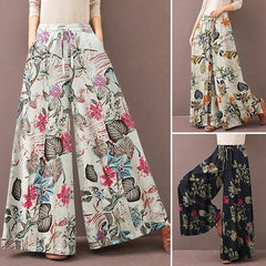 Retro Women Printing Wide Leg Pants Spring Autumn Fashion Drawstring Elastic Waist Trousers Ladies Casual Loose Pocket Pantalon