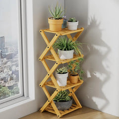 4-Tier Folding Bamboo Plant Stand - X-Shaped Plant Rack & Shoe Display Shelf for Entryway & Living Room