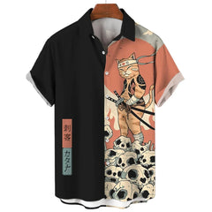 Men’s Samurai Cat Anime Hawaiian Shirt – Casual Short Sleeve Loose Fit Summer Top | Cool Graphic Streetwear Blouse