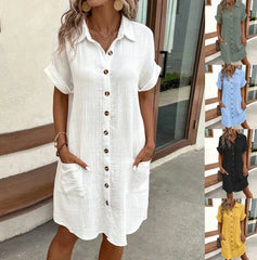 Summer Women’s V-Neck Button Dress – Sexy Single-Breasted Short Sleeve with Pockets