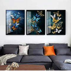 Big Yellow Butterfly & Abstract Golden Blue Butterfly Wall Art – Modern Prints for Living Room Decoration