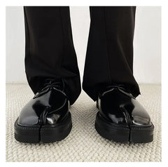 Black Glossy Tabi Shoes for Men: Split Toe Leather Derby | British Retro Platform Sole Niche Design | Luxury Low-Top Lace-Up Loafers for Men