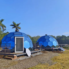Ford Blue Hexagonal Glass Dome Tent – Luxury Geodesic Igloo House with Aluminum Frame for Outdoor Resort & Camping