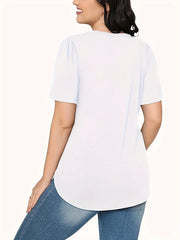 Women's V-Neck Tunic Top – Puff Pleated Short Sleeve Summer Blouse | Casual & Workwear Fashion Shirt