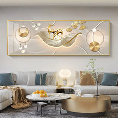 Chinese Style Golden Leaves & Deer Canvas Painting – Feng Shui Mountain Wall Art for Living Room (Unframed)