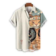 Men’s Samurai Cat Anime Hawaiian Shirt – Casual Short Sleeve Loose Fit Summer Top | Cool Graphic Streetwear Blouse