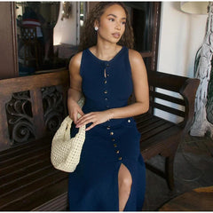 Summer Elegant Lady Knitted Single Breasted Long Dress – Sleeveless O Neck Button Bodycon Party Dress for Women | Vestidos