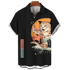 Men’s Samurai Cat Anime Hawaiian Shirt – Casual Short Sleeve Loose Fit Summer Top | Cool Graphic Streetwear Blouse