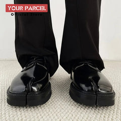 Black Glossy Tabi Shoes for Men: Split Toe Leather Derby | British Retro Platform Sole Niche Design | Luxury Low-Top Lace-Up Loafers for Men