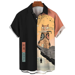 Men’s Samurai Cat Anime Hawaiian Shirt – Casual Short Sleeve Loose Fit Summer Top | Cool Graphic Streetwear Blouse