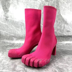 Rose Red & White Leather Five-Finger Boots: Hollow Heel Designer Ankle Booties | Sporty Tabi Inspired Split-Toe Shoes for Autumn & Winter Fashion