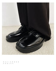 Black Glossy Tabi Shoes for Men: Split Toe Leather Derby | British Retro Platform Sole Niche Design | Luxury Low-Top Lace-Up Loafers for Men