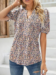 Women's V-Neck Tunic Top – Puff Pleated Short Sleeve Summer Blouse | Casual & Workwear Fashion Shirt