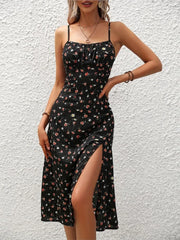 Women's Polka Dot Spaghetti Strap Summer Dress – Sleeveless Slit Midi Dress | Boho Casual Beachwear
