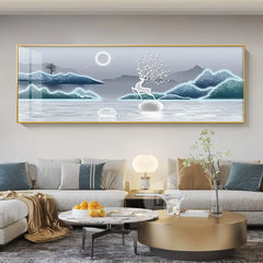 Chinese Style Golden Leaves & Deer Canvas Painting – Feng Shui Mountain Wall Art for Living Room (Unframed)