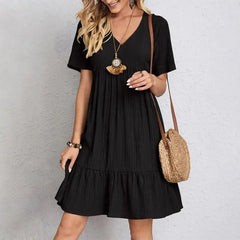 Women’s Summer Peplum Dress – Spring V-Neck Short Sleeve Loose Waist Ruffle Fit & Flare Vacation Dress