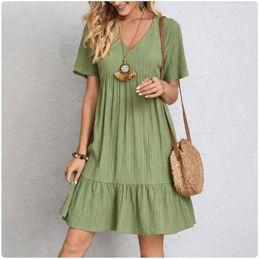 Women’s Summer Peplum Dress – Spring V-Neck Short Sleeve Loose Waist Ruffle Fit & Flare Vacation Dress