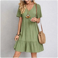 Women’s Summer Peplum Dress – Spring V-Neck Short Sleeve Loose Waist Ruffle Fit & Flare Vacation Dress