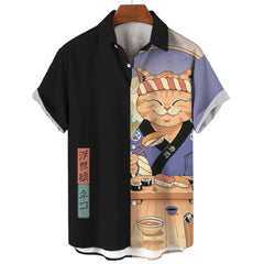 Men’s Samurai Cat Anime Hawaiian Shirt – Casual Short Sleeve Loose Fit Summer Top | Cool Graphic Streetwear Blouse