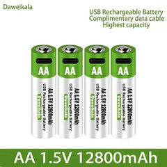 12800mAh 1.5V AA USB Rechargeable Lithium Battery – Type-C Charging | For Remote, Mouse, Toys