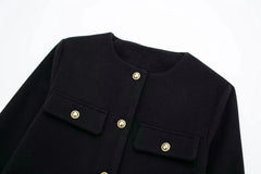 Women Elegant Cropped Jacket Women's Fashion Jacket O-Neck Long Sleeved Flip Pocket Coat Female Casual Outwear Tops