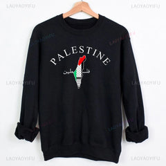 Palestine Map Sweatshirt – Palestinian Arabic Name Print Crewneck Pullover for Adults
