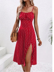 Women's Polka Dot Spaghetti Strap Summer Dress – Sleeveless Slit Midi Dress | Boho Casual Beachwear
