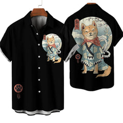 Men’s Samurai Cat Anime Hawaiian Shirt – Casual Short Sleeve Loose Fit Summer Top | Cool Graphic Streetwear Blouse