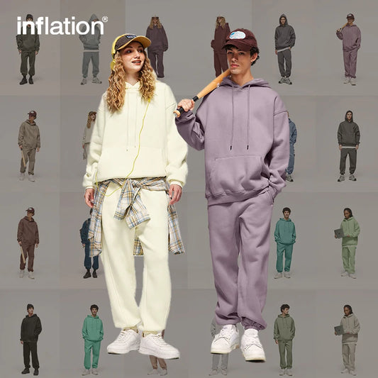 INFLATION 350gsm Thick Velvet Tracksuit – Unisex Solid Color Jogging Suit | 2023 Trendy Matching Fleece Sweatpants & Hoodie Set