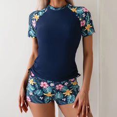 Women's 2-Piece Surfing Swimsuit – Short Sleeve Drawstring Print Swimwear Set