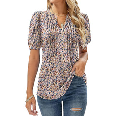 Women's V-Neck Tunic Top – Puff Pleated Short Sleeve Summer Blouse | Casual & Workwear Fashion Shirt