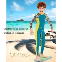 One-Piece Boys’ Long Sleeve Swimsuit – Kids’ Sun Protection Swimwear with Matching Swimming Cap