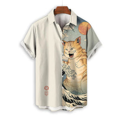 Men’s Samurai Cat Anime Hawaiian Shirt – Casual Short Sleeve Loose Fit Summer Top | Cool Graphic Streetwear Blouse