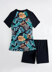 Women's 2-Piece Surfing Swimsuit – Short Sleeve Drawstring Print Swimwear Set