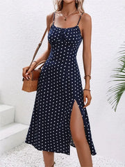 Women's Polka Dot Spaghetti Strap Summer Dress – Sleeveless Slit Midi Dress | Boho Casual Beachwear