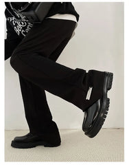 Black Glossy Tabi Shoes for Men: Split Toe Leather Derby | British Retro Platform Sole Niche Design | Luxury Low-Top Lace-Up Loafers for Men