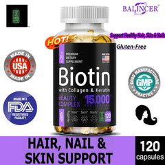 Balincer Biotin + Collagen + Keratin Supplement – 120 Non-GMO Capsules for Hair, Skin & Nail Health