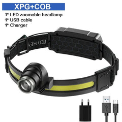 High Power LED Headlamp – 7 Modes XPE+COB Sensor Headlight with 18650 Battery for Fishing & Hunting