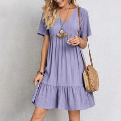 Women’s Summer Peplum Dress – Spring V-Neck Short Sleeve Loose Waist Ruffle Fit & Flare Vacation Dress